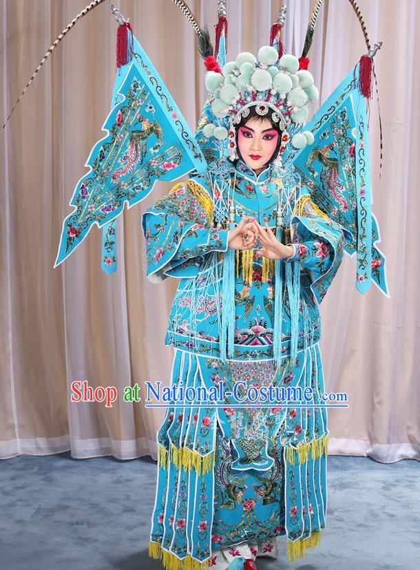 Traditional Chinese Beijing Opera Magic Warriors Blue Clothing and Shoes Complete Set, China Peking Opera Blues Costume Embroidered Robe Opera Costumes