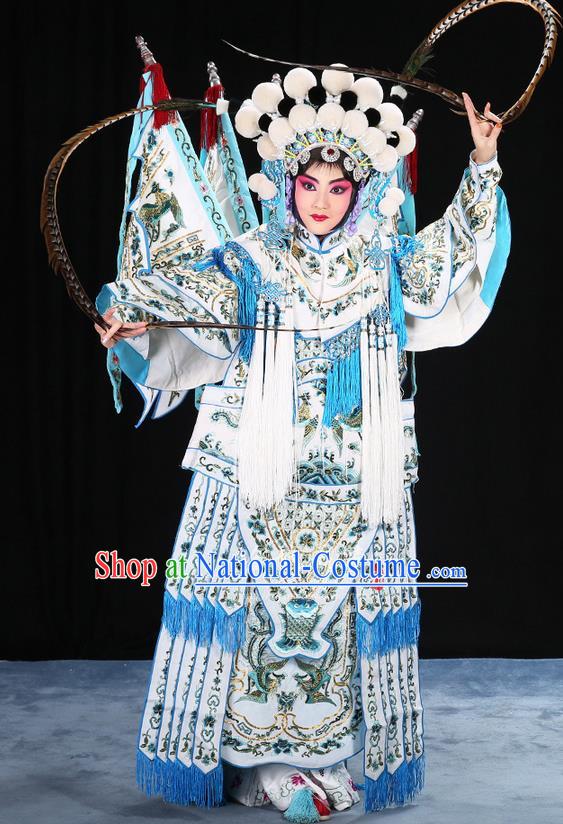 Traditional Chinese Beijing Opera Magic Warriors White Mu Guiying Clothing and Shoes Complete Set, China Peking Opera Blues Costume Embroidered Robe Opera Costumes