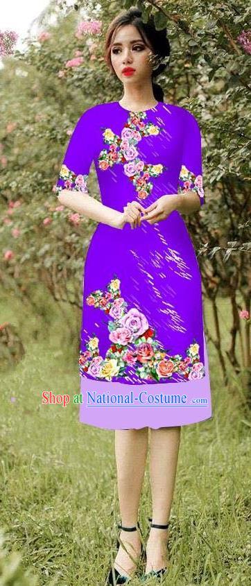 Top Grade Asian Vietnamese Costumes Classical Jing Nationality Short Cheongsam, Vietnam National Vietnamese Bride Traditional Princess Purple Ao Dai Dress