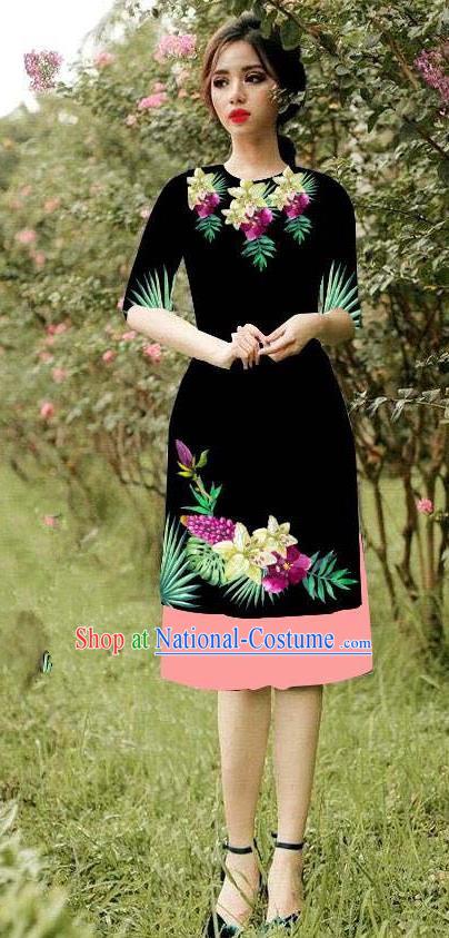 Top Grade Asian Vietnamese Costumes Classical Jing Nationality Short Cheongsam, Vietnam National Vietnamese Bride Traditional Princess Black Ao Dai Dress