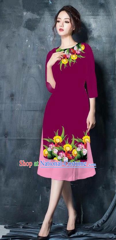 Top Grade Asian Vietnamese Costumes Classical Jing Nationality Short Cheongsam, Vietnam National Vietnamese Bride Traditional Princess Wine Red Ao Dai Dress