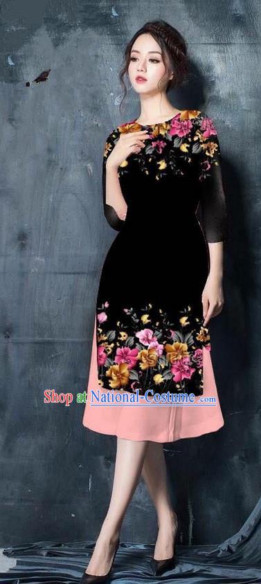 Top Grade Asian Vietnamese Costumes Classical Jing Nationality Short Printing Flowers Cheongsam, Vietnam National Vietnamese Bride Traditional Princess Black Ao Dai Dress