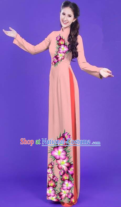 Top Grade Asian Vietnamese Costumes Classical Jing Nationality Long Printing Flowers Cheongsam, Vietnam National Vietnamese Bride Traditional Princess Pink Ao Dai Dress