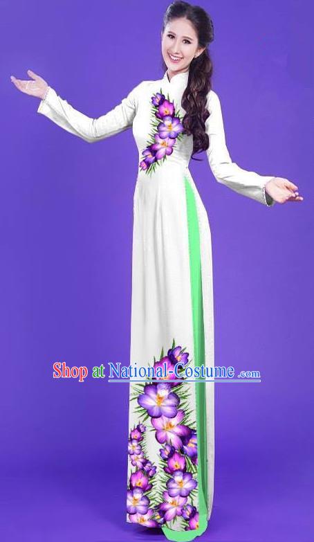 Top Grade Asian Vietnamese Costumes Classical Jing Nationality Long Printing Flowers Cheongsam, Vietnam National Vietnamese Bride Traditional Princess White Ao Dai Dress