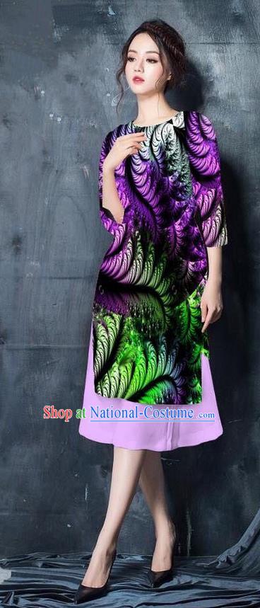 Top Grade Asian Vietnamese Costumes Classical Jing Nationality Printing Short Cheongsam, Vietnam National Vietnamese Bride Traditional Princess Purple Ao Dai Dress