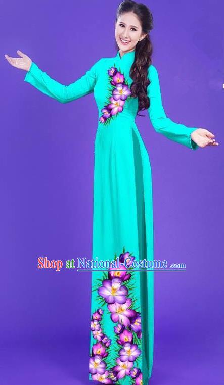 Top Grade Asian Vietnamese Costumes Classical Jing Nationality Long Printing Flowers Cheongsam, Vietnam National Vietnamese Bride Traditional Princess Blue Ao Dai Dress