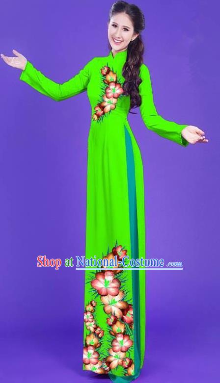 Top Grade Asian Vietnamese Costumes Classical Jing Nationality Long Printing Flowers Cheongsam, Vietnam National Vietnamese Bride Traditional Princess Green Ao Dai Dress