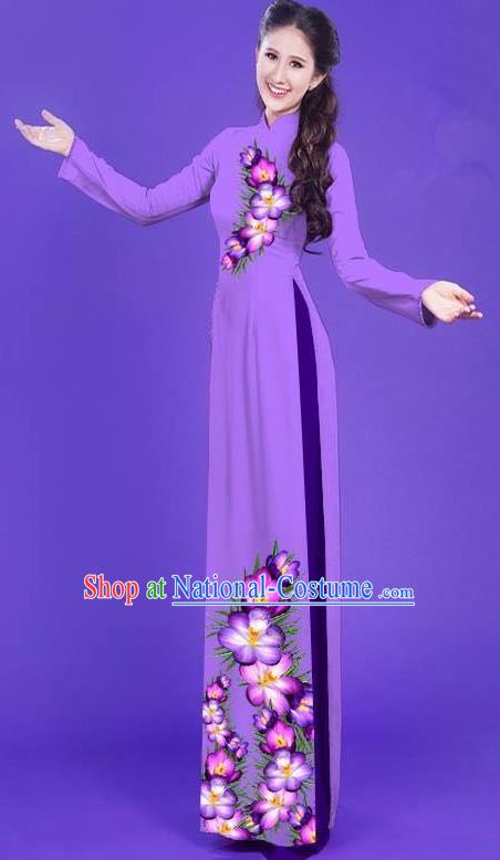 Top Grade Asian Vietnamese Costumes Classical Jing Nationality Long Printing Flowers Cheongsam, Vietnam National Vietnamese Bride Traditional Princess Purple Ao Dai Dress