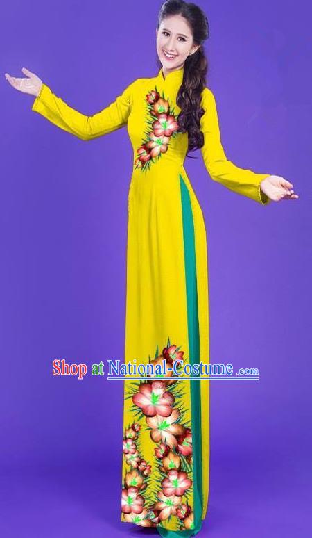 Top Grade Asian Vietnamese Costumes Classical Jing Nationality Long Printing Flowers Cheongsam, Vietnam National Vietnamese Bride Traditional Princess Yellow Ao Dai Dress