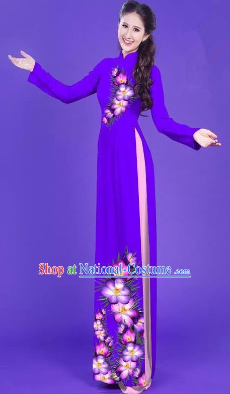 Top Grade Asian Vietnamese Costumes Classical Jing Nationality Long Printing Flowers Cheongsam, Vietnam National Vietnamese Bride Traditional Princess Deep Purple Ao Dai Dress