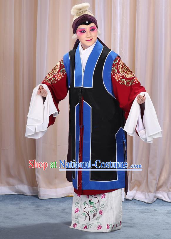 Traditional Chinese Beijing Opera Old Female Black Vest and Robes Complete Set, China Peking Opera Pantaloon Costume Embroidered Clothing Opera Costumes