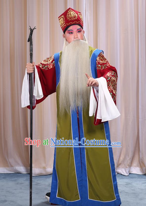 Traditional Chinese Beijing Opera Old Male Green Long Vest and Clothing Complete Set, China Peking Opera Laosheng-role Costume Embroidered Clothing Opera Costumes