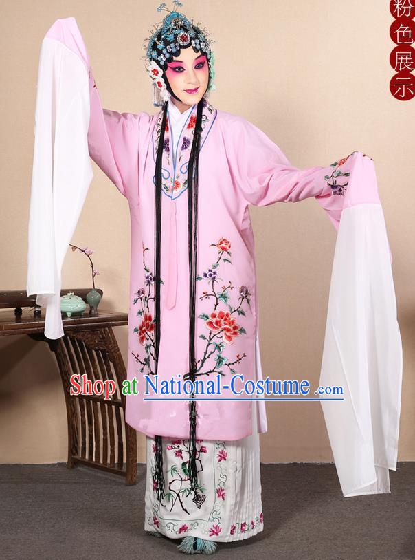 Traditional Chinese Beijing Opera Huangmei Opera Female Pink Clothing and Headwear Complete Set, China Peking Opera Diva Role Hua Tan Costume Embroidered Opera Costumes