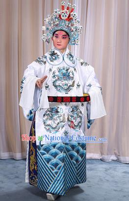 Traditional Chinese Beijing Opera Male White Clothing and Belts Complete Set, China Peking Opera His Royal Highness Costume Embroidered Robe Opera Costumes