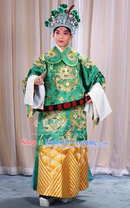 Traditional Chinese Beijing Opera Male Green Clothing and Belts Complete Set, China Peking Opera His Royal Highness Costume Embroidered Robe Opera Costumes