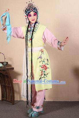 Traditional Chinese Beijing Opera Shaoxing Opera Young Female Yellow Vest Clothing Complete Set, China Peking Opera Diva Role Hua Tan Costume Embroidered Opera Costumes