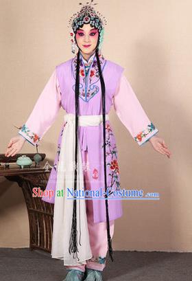 Traditional Chinese Beijing Opera Shaoxing Opera Young Female Purple Vest Clothing Complete Set, China Peking Opera Diva Role Hua Tan Costume Embroidered Opera Costumes