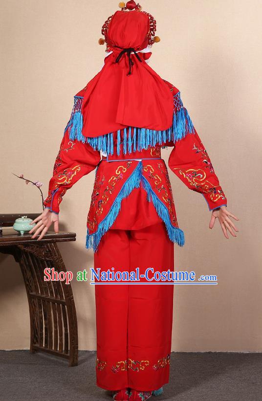 Traditional Chinese Beijing Opera Shaoxing Opera Magic Warriors Red Clothing and Shoes Complete Set, China Peking Opera Women Pawn Dress Costume Embroidered Opera Costumes