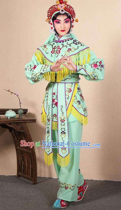 Traditional Chinese Beijing Opera Shaoxing Opera Magic Warriors Green Clothing and Shoes Complete Set, China Peking Opera Women Pawn Dress Costume Embroidered Opera Costumes