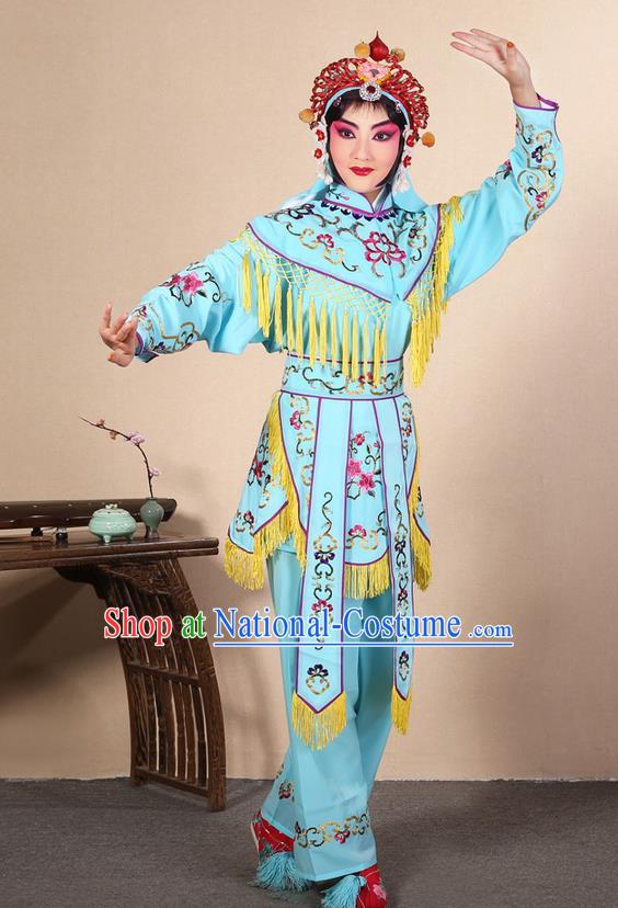 Traditional Chinese Beijing Opera Shaoxing Opera Magic Warriors Light Blue Clothing and Shoes Complete Set, China Peking Opera Women Pawn Dress Costume Embroidered Opera Costumes