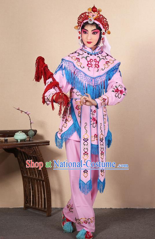 Traditional Chinese Beijing Opera Shaoxing Opera Magic Warriors Pink Clothing and Shoes Complete Set, China Peking Opera Women Pawn Dress Costume Embroidered Opera Costumes