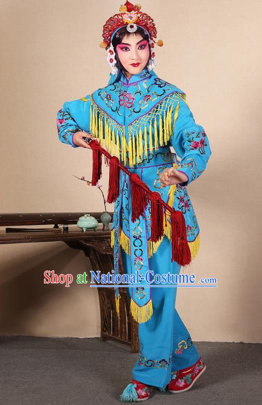 Traditional Chinese Beijing Opera Shaoxing Opera Magic Warriors Blue Clothing and Shoes Complete Set, China Peking Opera Women Pawn Dress Costume Embroidered Opera Costumes