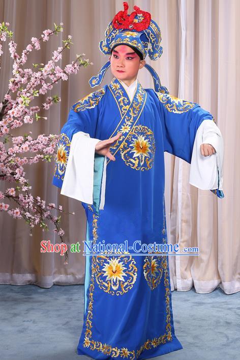 Traditional Chinese Beijing Opera Takefu Blue Clothing Complete Set, China Peking Opera Martial General Role Costume Embroidered Opera Costumes