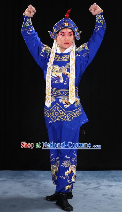 Traditional Chinese Beijing Opera Takefu Blue Clothing Complete Set, China Peking Opera Martial Role Costume Embroidered Opera Costumes