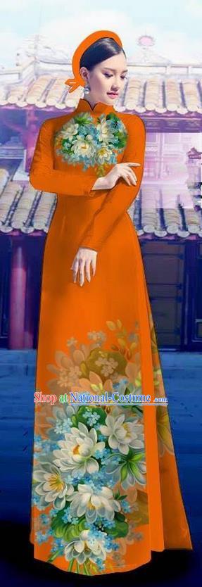 Top Grade Asian Vietnamese Costumes Classical Jing Nationality Long Orange Cheongsam, Vietnam National Clothing Vietnamese Bride Traditional Printing Flowers Ao Dai Dress