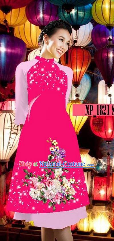 Top Grade Asian Vietnamese Costumes Classical Jing Nationality Pink Cheongsam, Vietnam National Clothing Vietnamese Bride Traditional Printing Ao Dai Dress