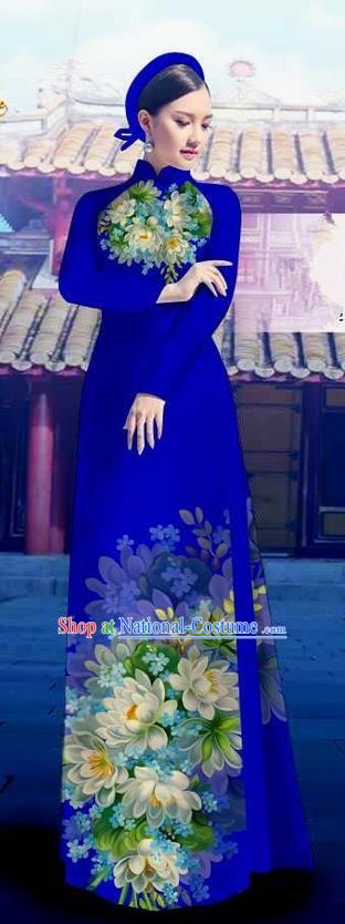 Top Grade Asian Vietnamese Costumes Classical Jing Nationality Long Royalblue Cheongsam, Vietnam National Clothing Vietnamese Bride Traditional Printing Flowers Ao Dai Dress