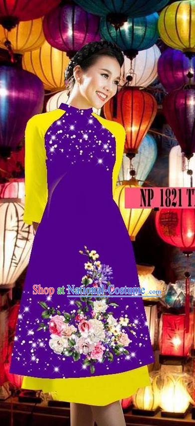 Top Grade Asian Vietnamese Costumes Classical Jing Nationality Purple Cheongsam, Vietnam National Clothing Vietnamese Bride Traditional Printing Ao Dai Dress