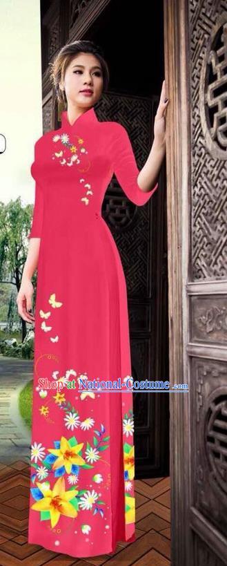 Top Grade Asian Vietnamese Clothing Classical Jing Nationality Long Cheongsam, Vietnam National Bride Traditional Printing Flowers Red Ao Dai Dress for Women