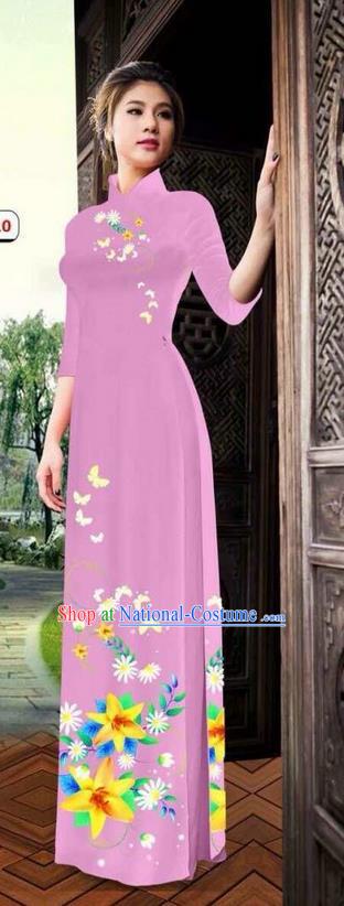 Top Grade Asian Vietnamese Clothing Classical Jing Nationality Long Cheongsam, Vietnam National Bride Traditional Printing Flowers Pink Ao Dai Dress for Women