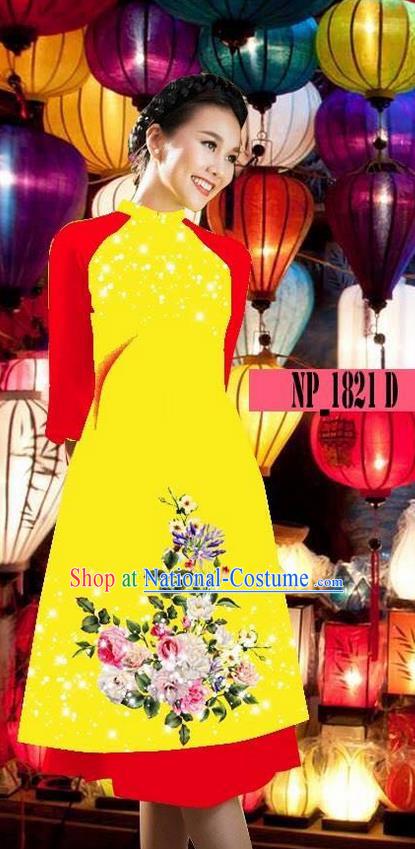 Top Grade Asian Vietnamese Costumes Classical Jing Nationality Yellow Cheongsam, Vietnam National Clothing Vietnamese Bride Traditional Printing Ao Dai Dress