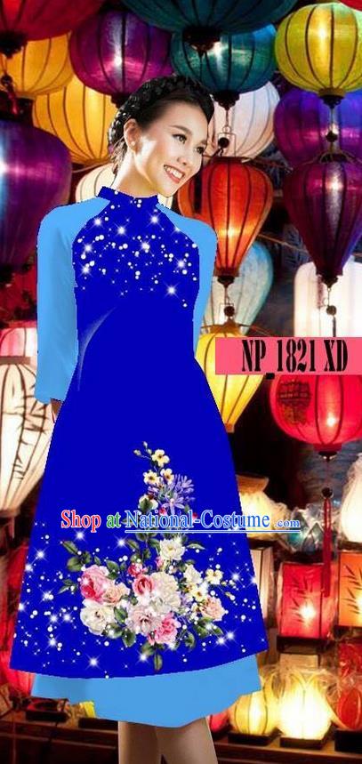 Top Grade Asian Vietnamese Costumes Classical Jing Nationality Royalblue Cheongsam, Vietnam National Clothing Vietnamese Bride Traditional Printing Ao Dai Dress