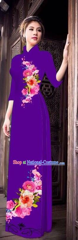 Top Grade Asian Vietnamese Costumes Classical Jing Nationality Long Cheongsam, Vietnam National Clothing Vietnamese Bride Traditional Printing Purple Ao Dai Dress