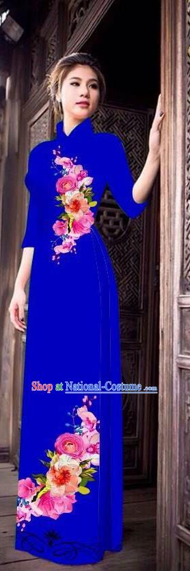 Top Grade Asian Vietnamese Costumes Classical Jing Nationality Long Cheongsam, Vietnam National Clothing Vietnamese Bride Traditional Printing Royalblue Ao Dai Dress