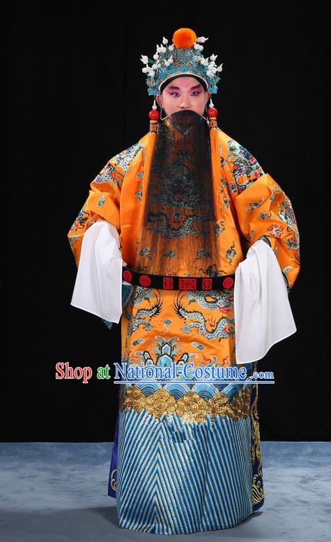 Traditional Chinese Beijing Opera Male Yellow Clothing and Belts Complete Set, China Peking Opera His Royal Highness Costume Embroidered Robe Dragon robe Opera Costumes