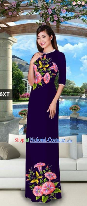 Traditional Top Grade Asian Vietnamese Jing Nationality Classical Ao Dai Dress, Vietnam National Bride Printing Deep Purple Cheongsam Costumes for Women