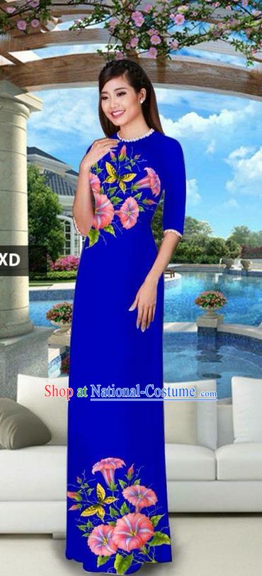 Traditional Top Grade Asian Vietnamese Jing Nationality Classical Ao Dai Dress, Vietnam National Bride Printing Royalblue Cheongsam Costumes for Women