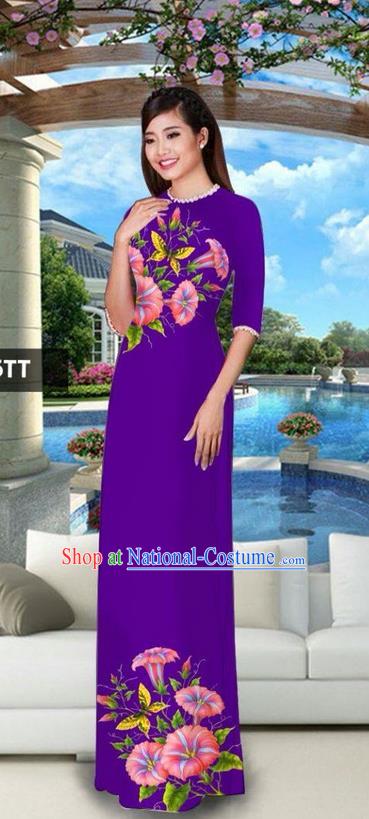 Traditional Top Grade Asian Vietnamese Jing Nationality Classical Ao Dai Dress, Vietnam National Bride Printing Purple Cheongsam Costumes for Women