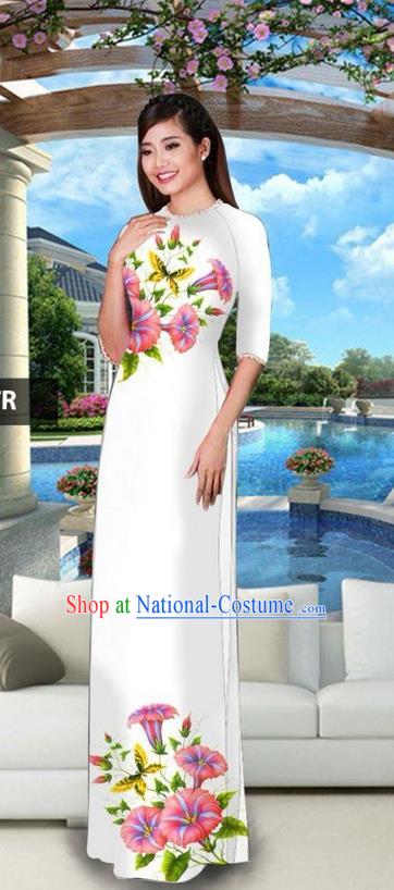 Traditional Top Grade Asian Vietnamese Jing Nationality Classical Ao Dai Dress, Vietnam National Bride Printing White Cheongsam Costumes for Women