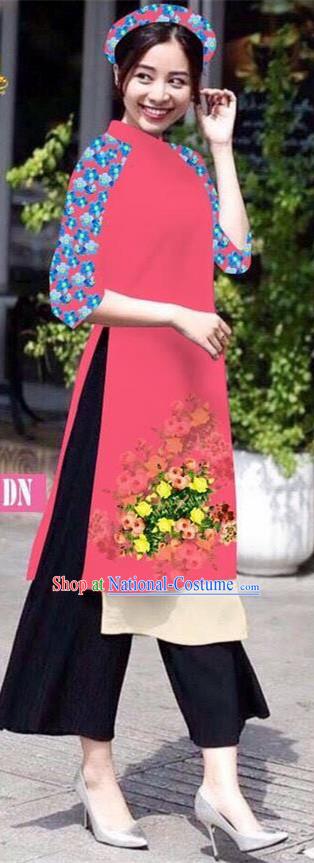 Traditional Top Grade Asian Vietnamese Jing Nationality Classical Ao Dai Dress, Vietnam National Bride Printing Pink Short Cheongsam Costumes for Women