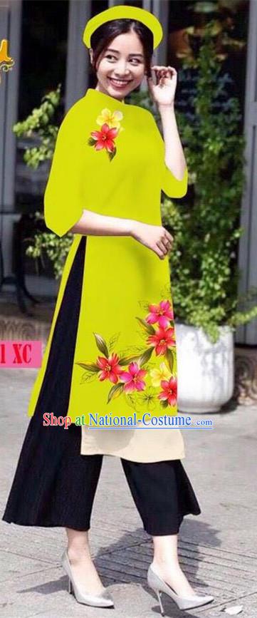 Traditional Top Grade Asian Vietnamese Jing Nationality Ha Festival Ao Dai Dress, Vietnam National Bride Printing Green Short Cheongsam Costumes for Women