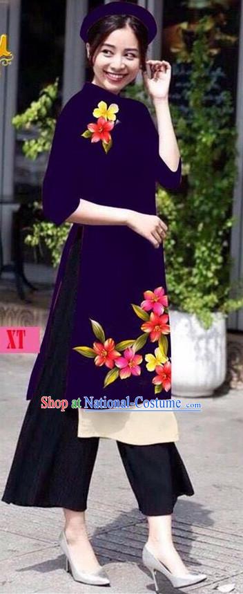 Traditional Top Grade Asian Vietnamese Jing Nationality Ha Festival Ao Dai Dress, Vietnam National Bride Printing Deep Purple Short Cheongsam Costumes for Women