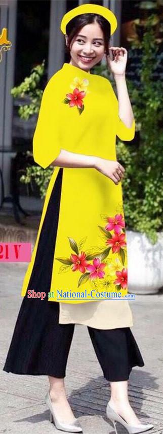 Traditional Top Grade Asian Vietnamese Jing Nationality Ha Festival Ao Dai Dress, Vietnam National Bride Printing Yellow Short Cheongsam Costumes for Women