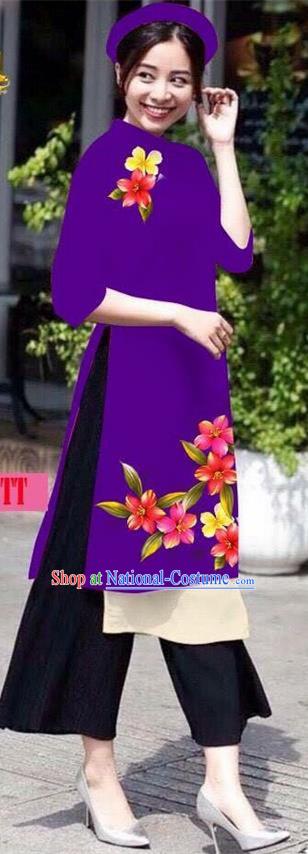 Traditional Top Grade Asian Vietnamese Jing Nationality Ha Festival Ao Dai Dress, Vietnam National Bride Printing Purple Short Cheongsam Costumes for Women