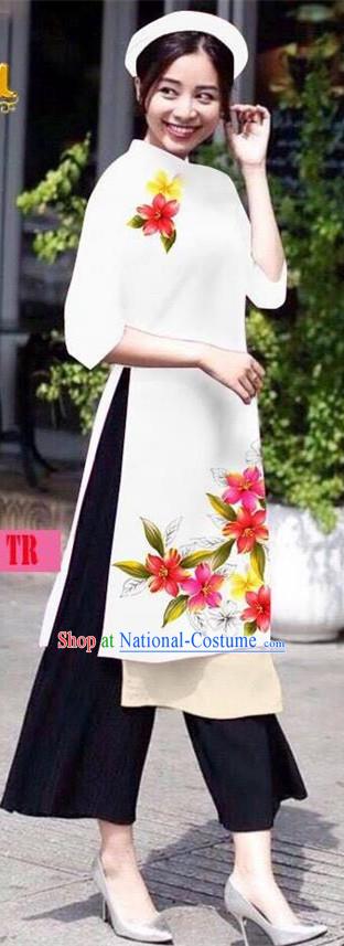 Traditional Top Grade Asian Vietnamese Jing Nationality Ha Festival Ao Dai Dress, Vietnam National Bride Printing White Short Cheongsam Costumes for Women