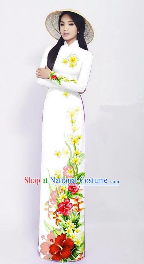 Traditional Top Grade Asian Vietnamese Jing Nationality Ha Festival Long Ao Dai Dress, Vietnam National Bride Printing White Cheongsam Costumes for Women